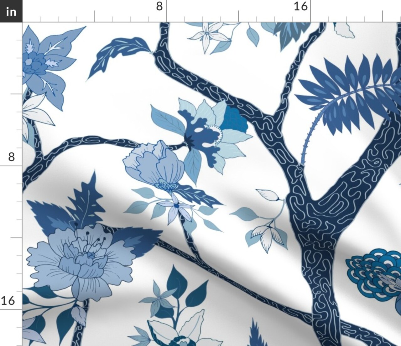 Peony Branch Blues Chinoiserie Peonies Floral Blue Garden Chinese Inspired Asian Botanical Custom Printed Fabric by Spoonflower Various Fabrics by the Yard or Fat Quarter
